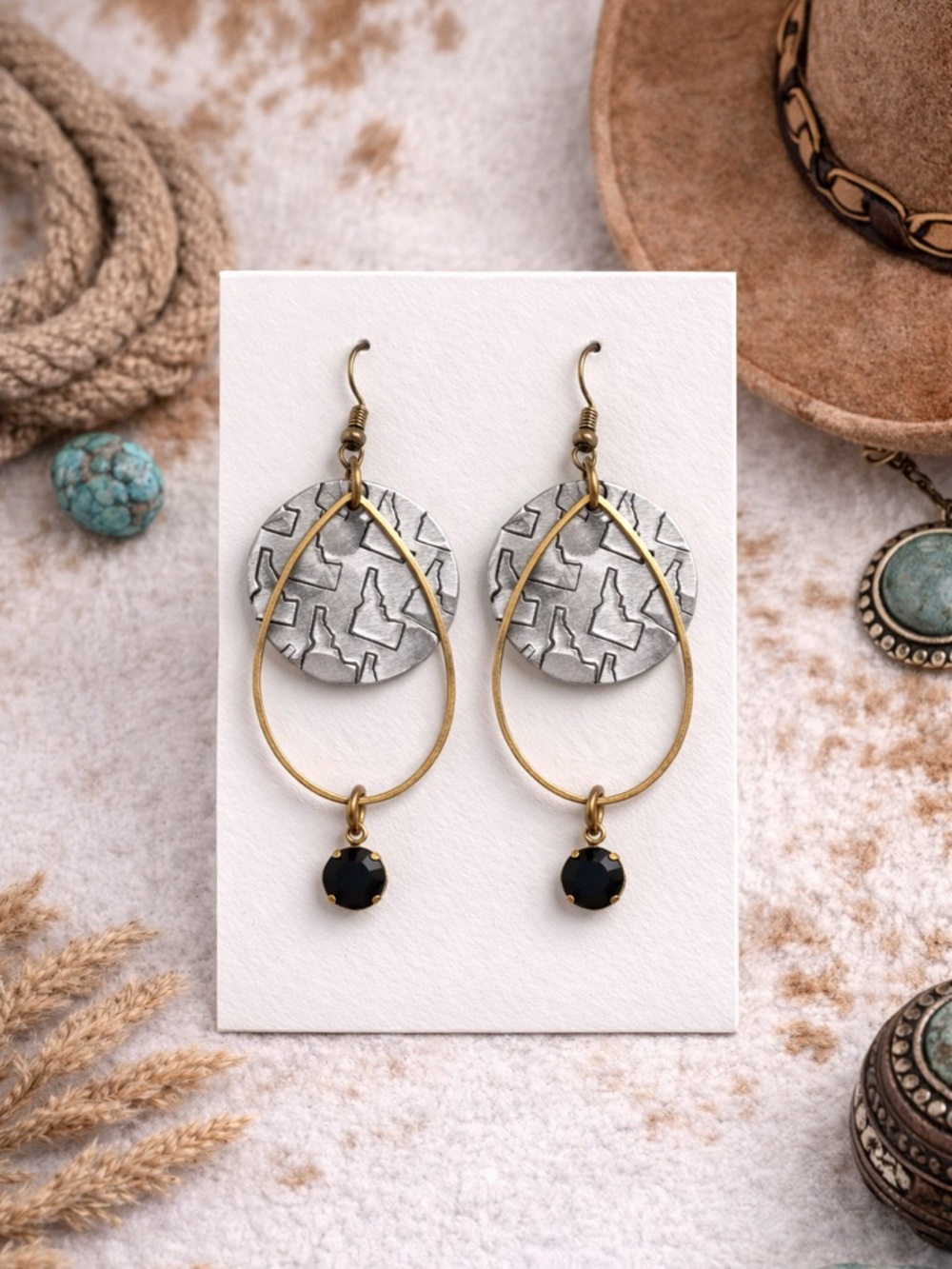 Idaho Silver Textured Disk & Gold Teardrop Earrings with Black Stone